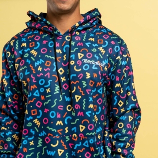 Sublimated Threadbird Hoodie with multi colored patterned design and embroidery on chest